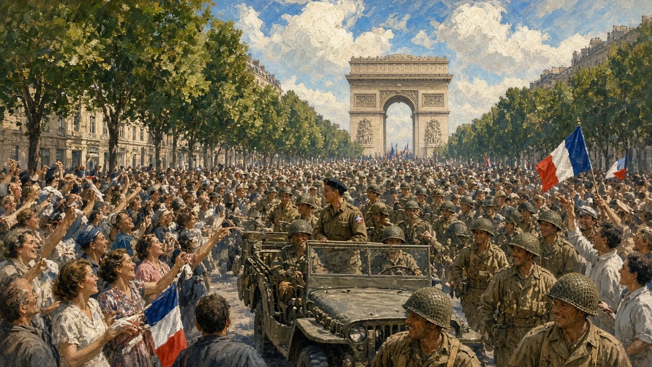 Illustrative crowd-lined avenue as Allied and Free French forces enter Paris in 1944