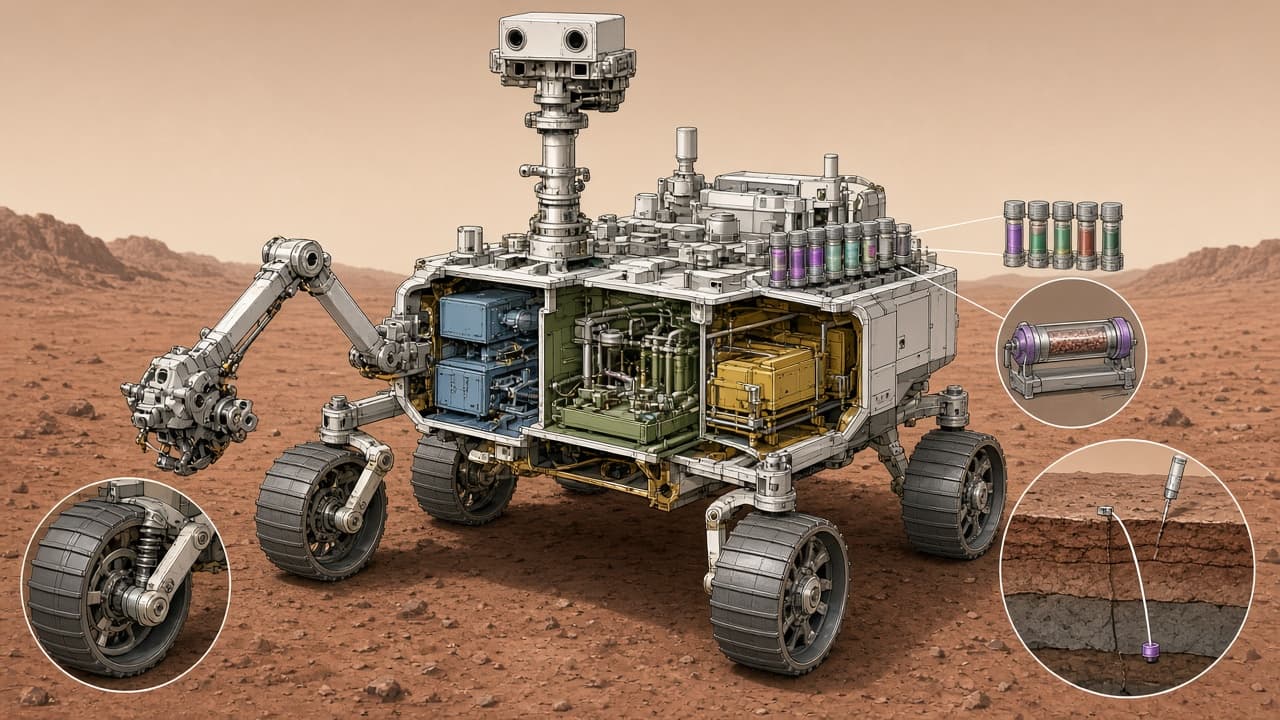 Educational labelled diagram of the Perseverance rover showing mast cameras, robotic arm, sample tubes and nuclear power unit