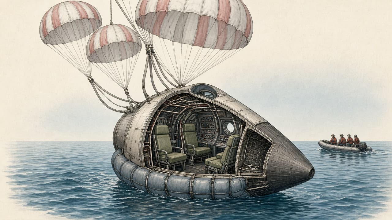 Educational diagram of the Fenix rescue capsule showing its wheels, oxygen supply, harness and escape hatch