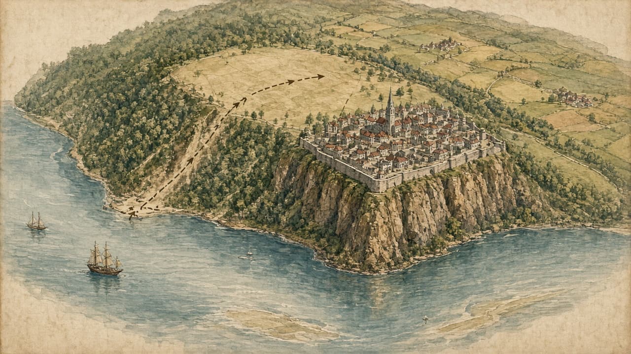 Educational map of Quebec City, the St. Lawrence River and the Plains of Abraham heights