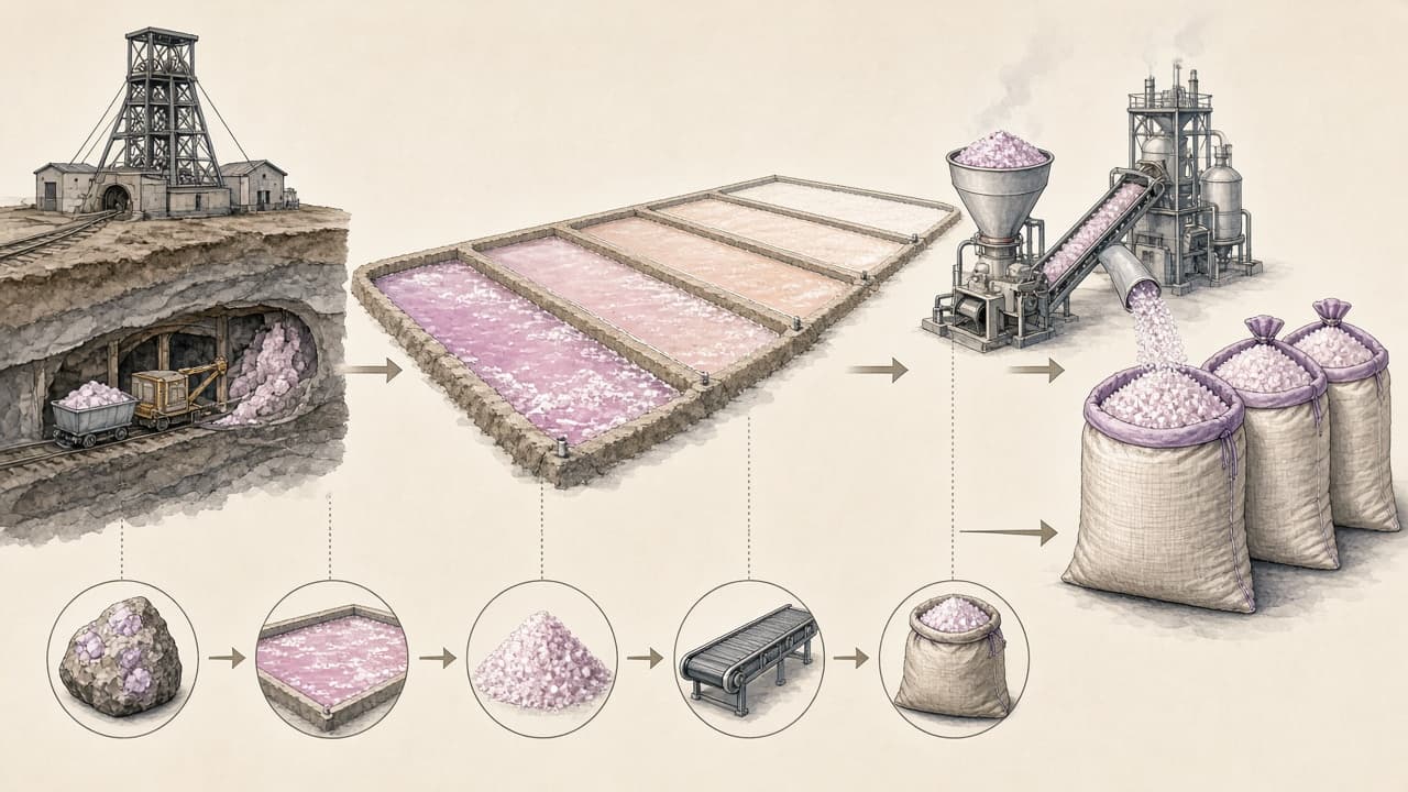 Educational diagram showing wood ash leached in water, boiled down to potash and calcined into pearl ash