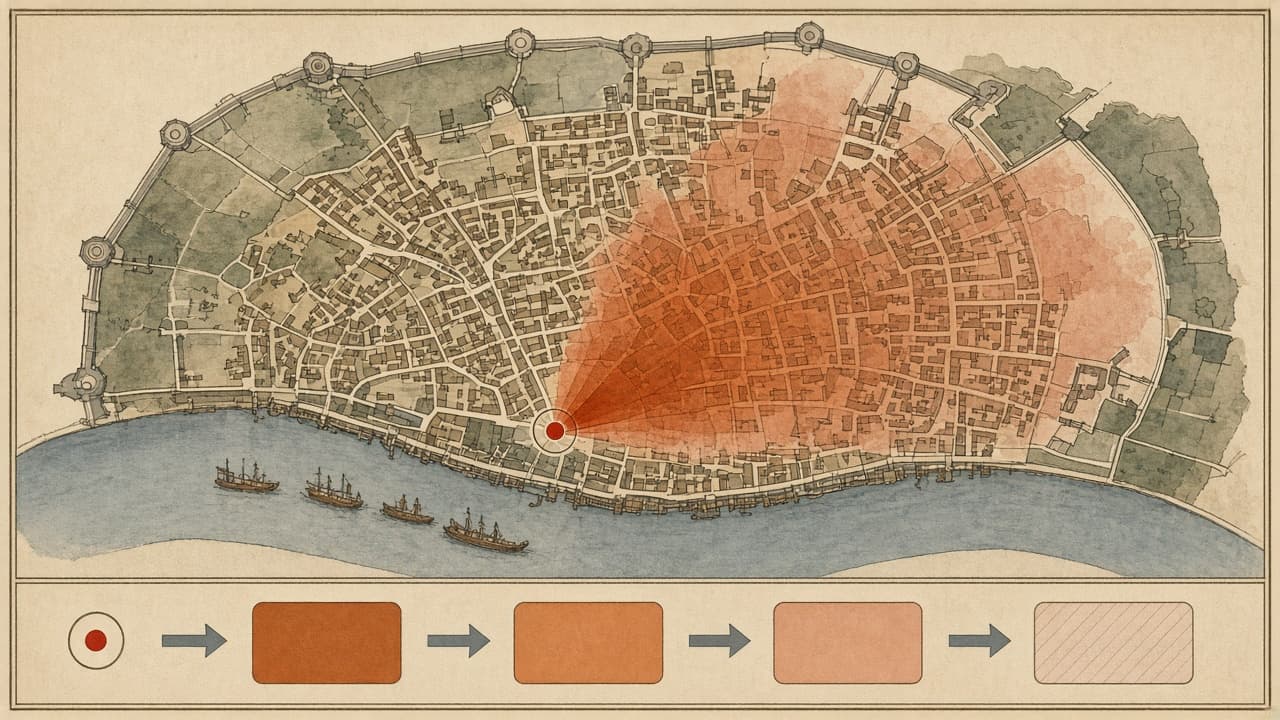 Educational map of the Great Fire's spread from Pudding Lane westward through the City of London