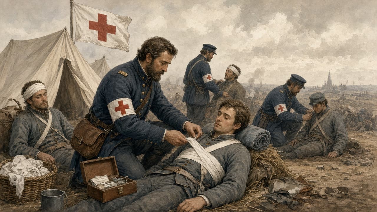 Illustrative battlefield aid with Red Cross