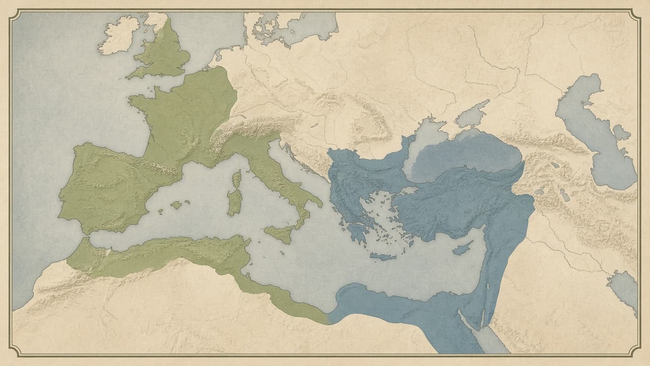 Educational map comparing the Western and Eastern Roman Empires around 476
