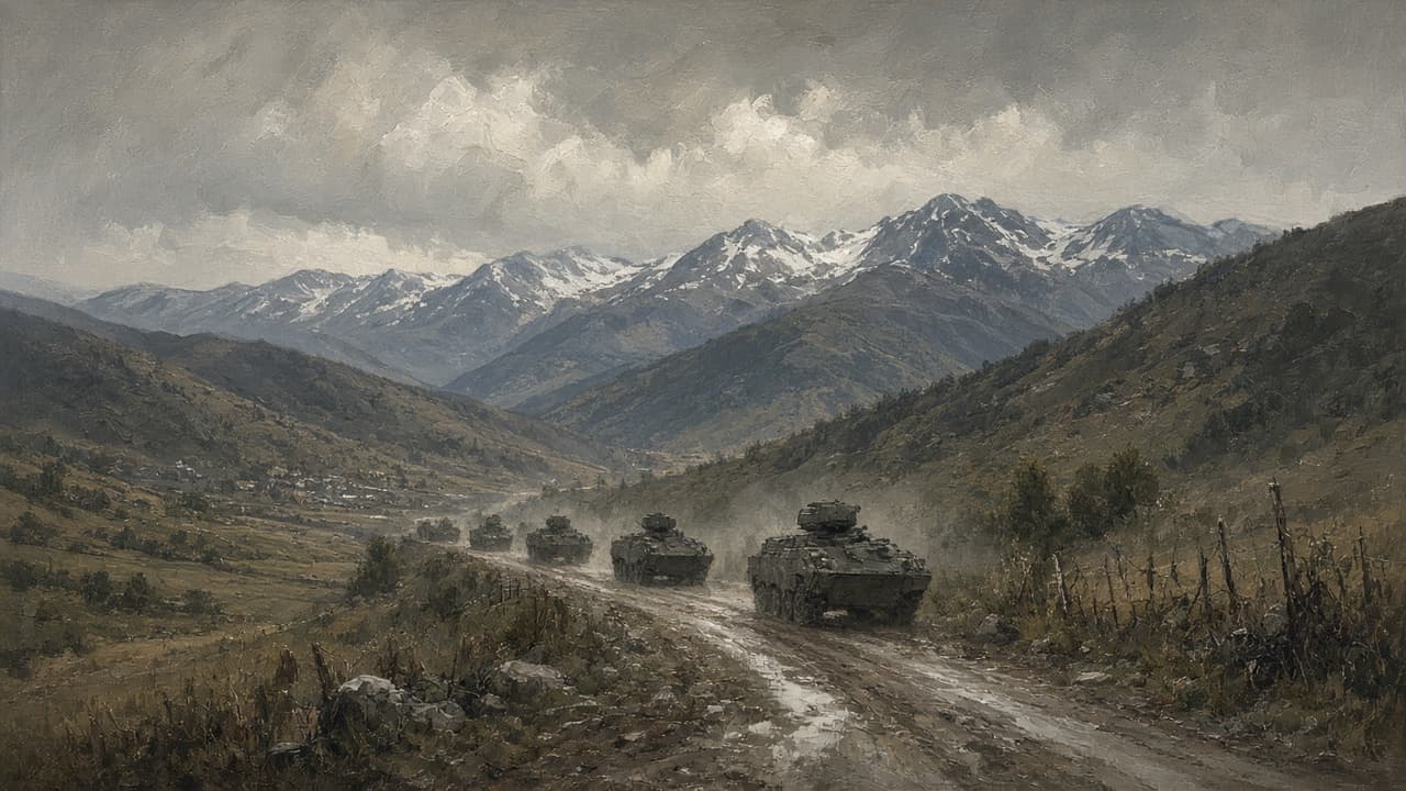 Illustrative view of armored vehicles on a mountain road in the Caucasus during the August 2008 conflict
