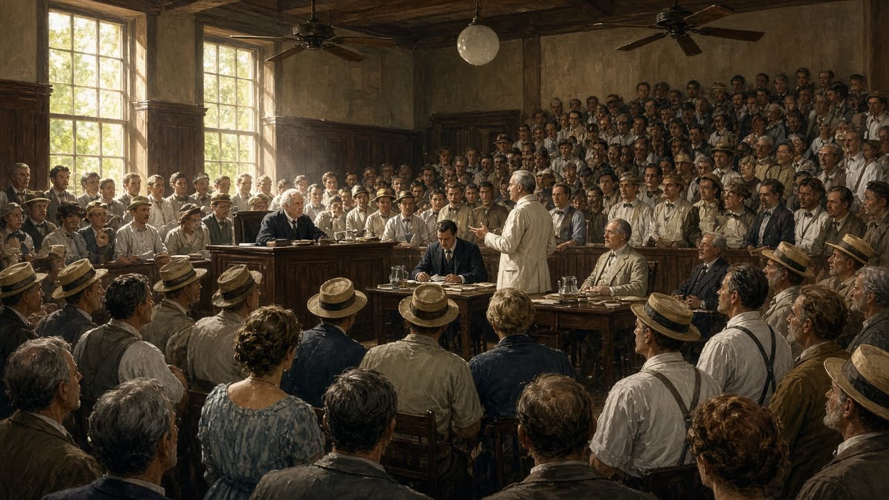 Illustrative view of a packed 1925 Tennessee courtroom during the Scopes trial
