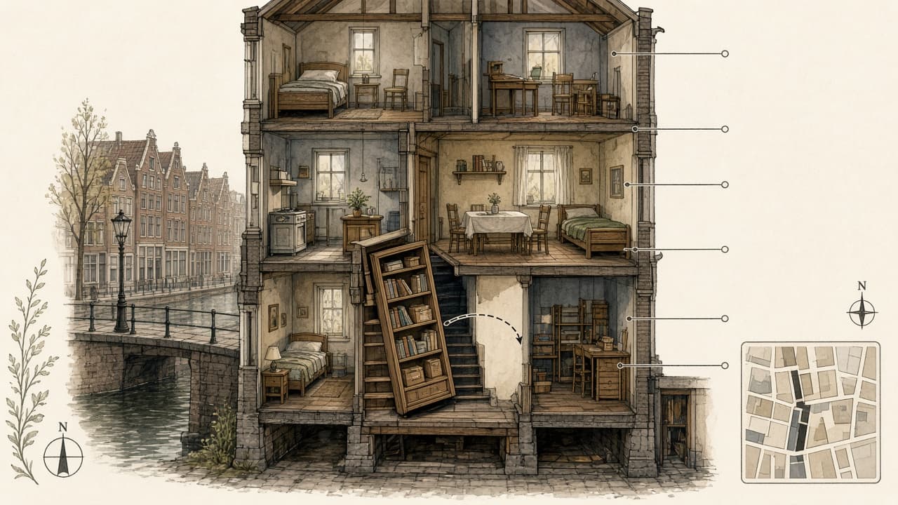 Educational cutaway diagram of the Secret Annex behind Prinsengracht 263 showing the hidden bookcase entrance and the rooms