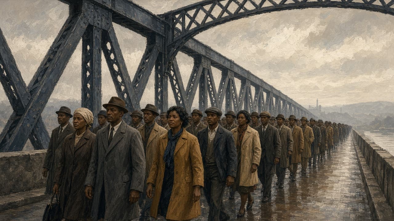 Illustrative view of civil rights marchers on a highway between Selma and Montgomery, Alabama, in March 1965