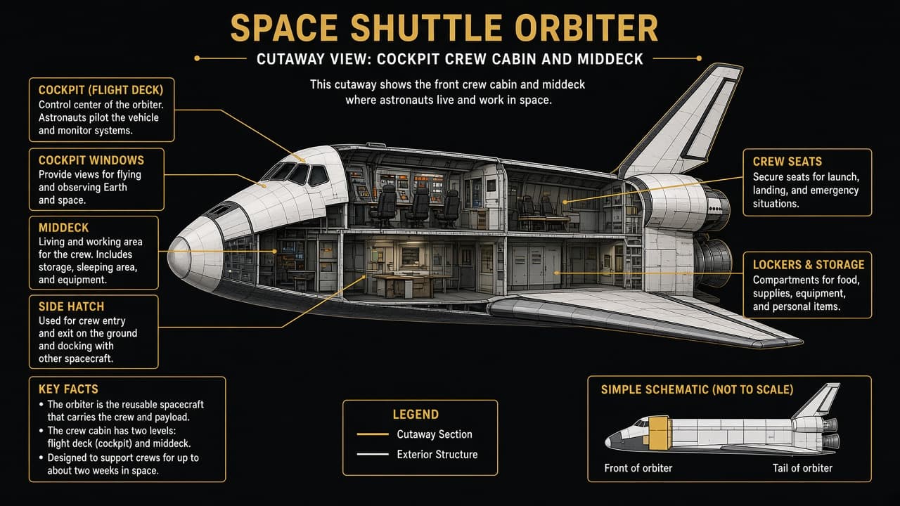 Educational cutaway of a Space Shuttle orbiter cabin and payload bay