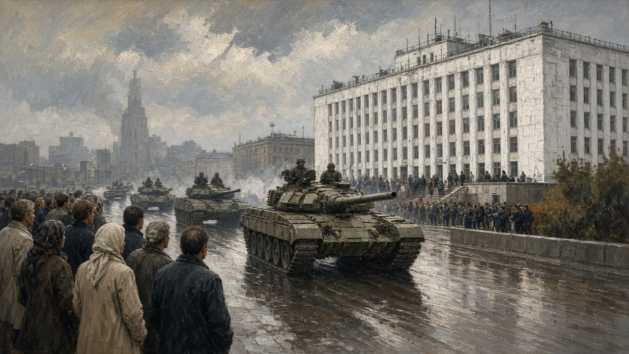 Illustrative Moscow street scene with crowds and armor during the 1991 coup