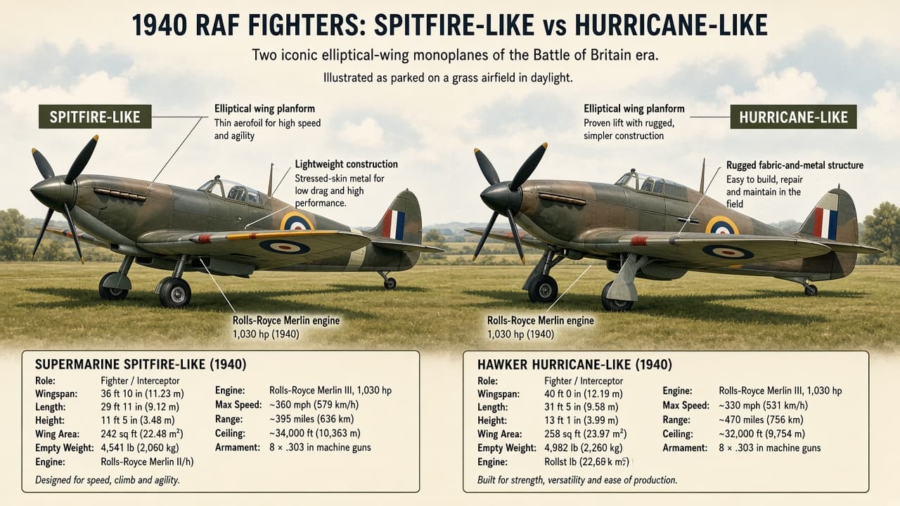 Educational illustration comparing a Spitfire and a Hurricane fighter