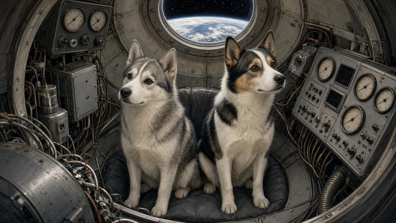 Illustrative scene of Belka and Strelka with a recovery capsule