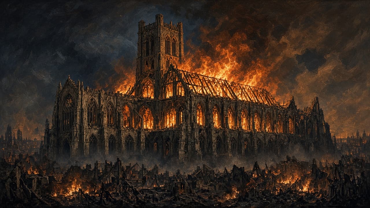 Educational illustration of medieval St Paul's Cathedral burning in the Great Fire of 1666