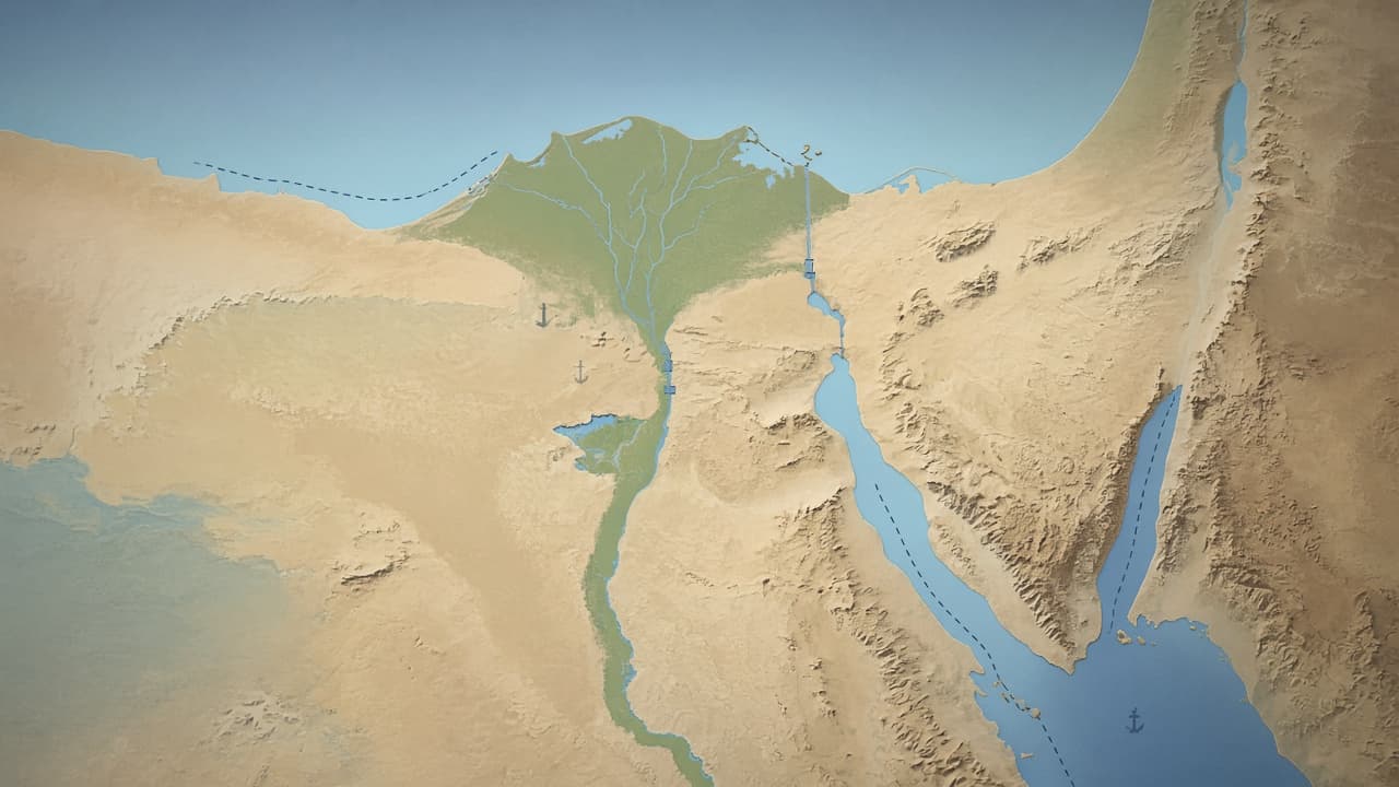 Educational map of the Suez Canal showing Port Said, the Bitter Lakes, Suez and the route between the Mediterranean and the Red Sea