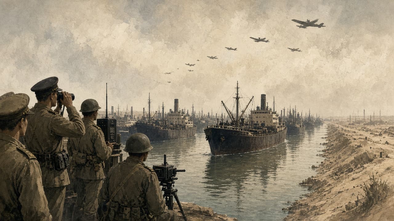 Illustrative view of ships blocking the Suez Canal and troop landings at Port Said during the 1956 crisis