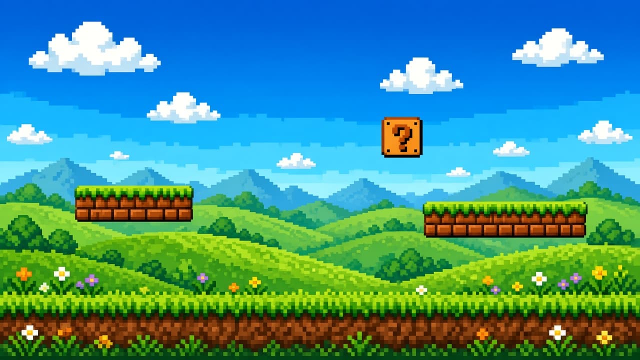 Illustrative retro side-scrolling platform level with hills, bricks and pipes