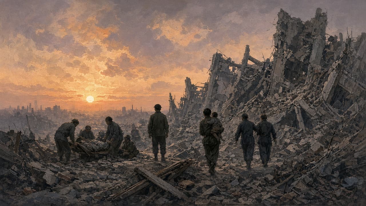 Illustrative view of collapsed brick buildings in an industrial city after a major earthquake