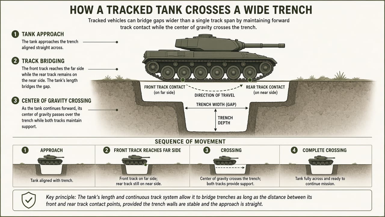 Educational diagram of a tracked tank crossing a trench