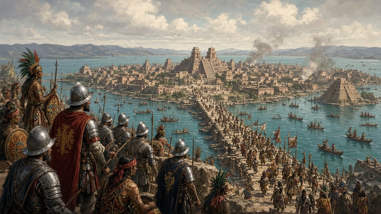Illustrative island capital with temples and causeways under siege