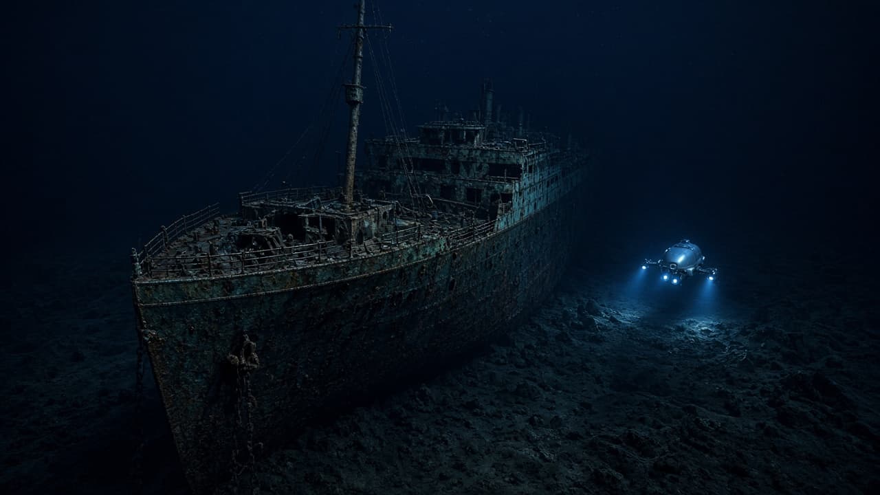 Illustrative view of the Titanic wreck on the deep Atlantic seabed