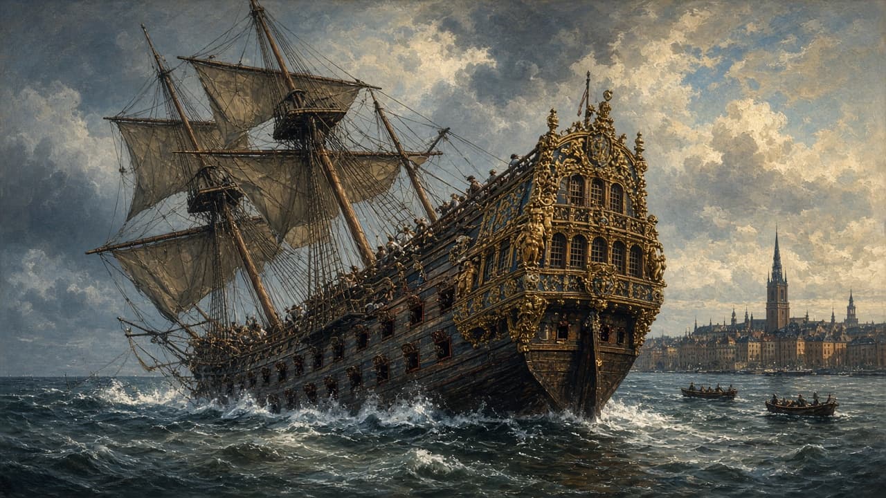 Illustrative view of the ornate warship Vasa under sail
