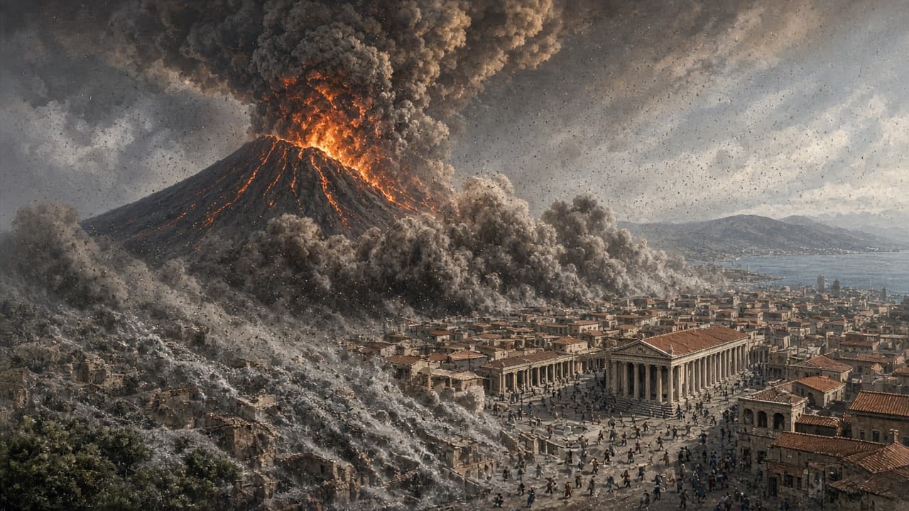 Illustrative eruption column rising from Mount Vesuvius above a coastal Roman town