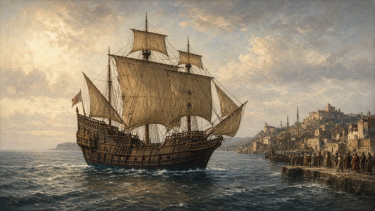Illustrative view of the ship Victoria returning to Spain in 1522