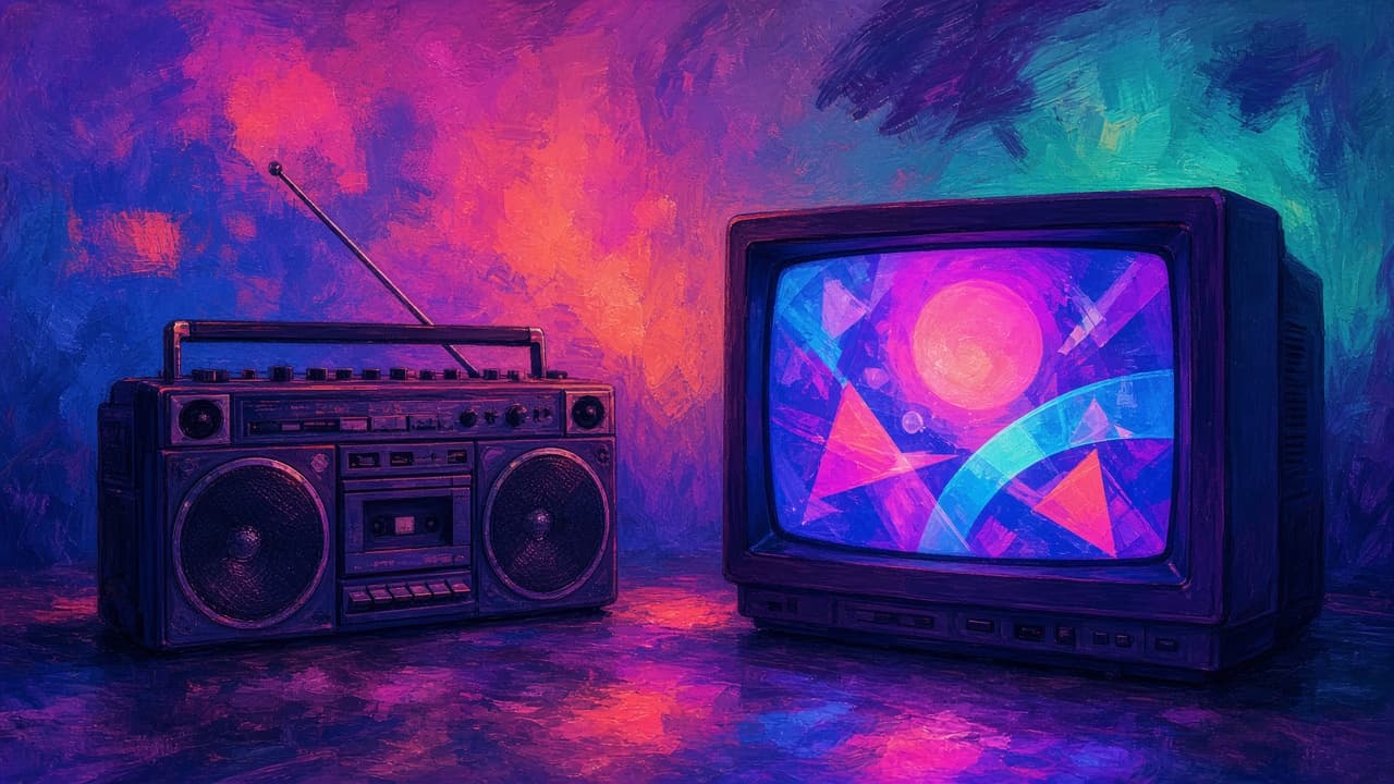 Illustrative view of a 1980s music video shoot with television monitors and studio lighting