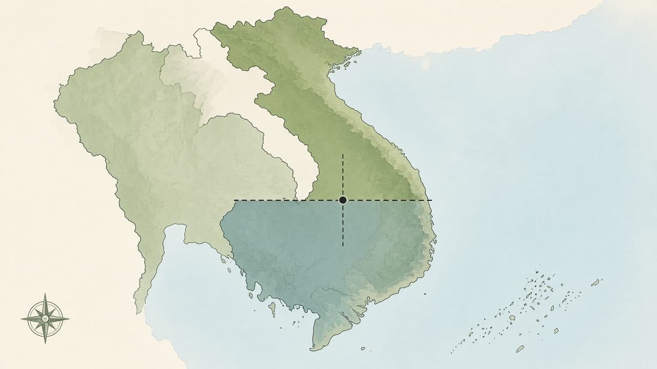 Educational map of Vietnam showing the 17th parallel demarcation line, the demilitarized zone, Hanoi in the north and Saigon in the south