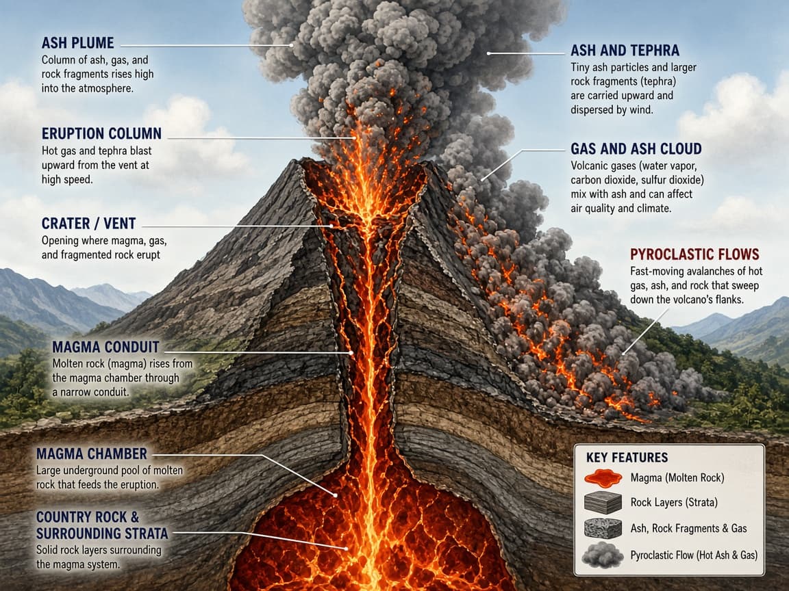 Educational volcanic ash plume diagram