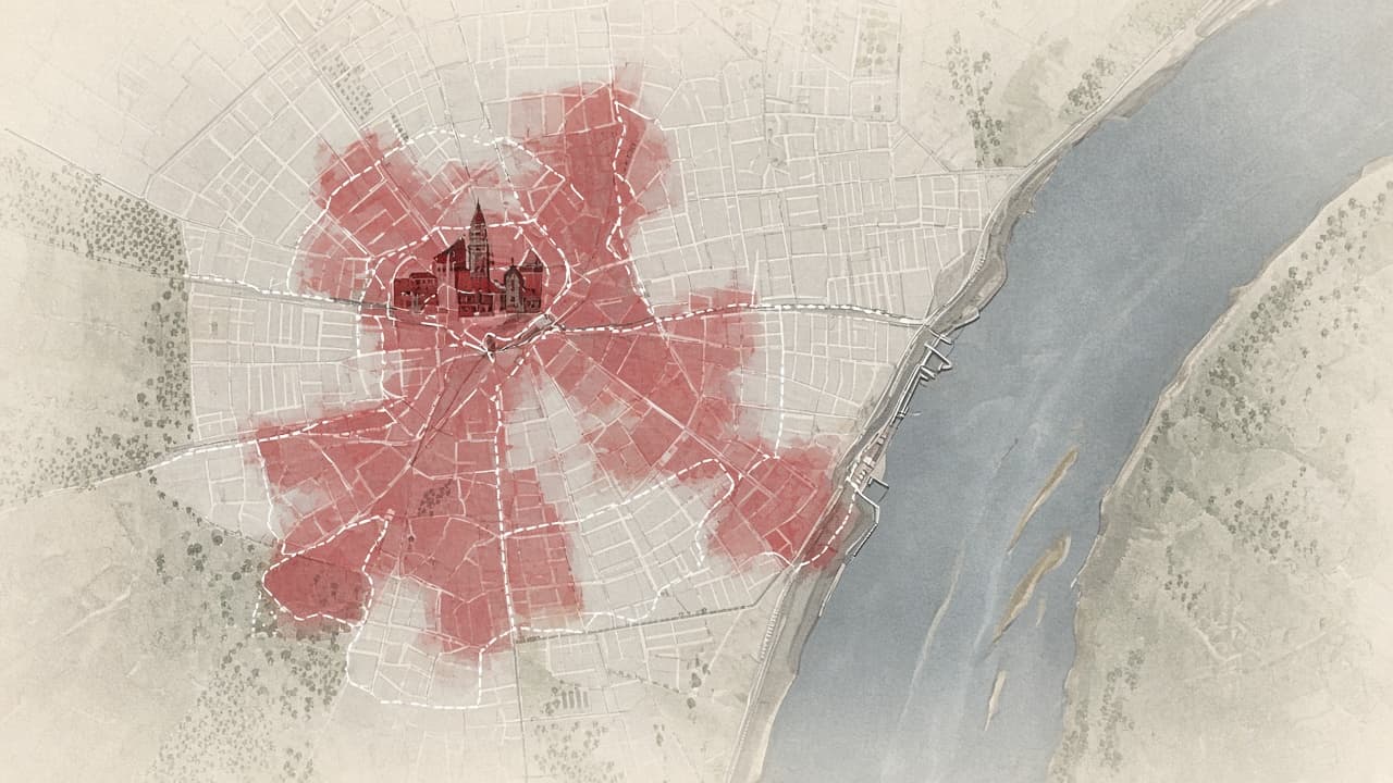 Educational map of Warsaw in 1944 showing insurgent districts, the Vistula river and Soviet positions on the east bank