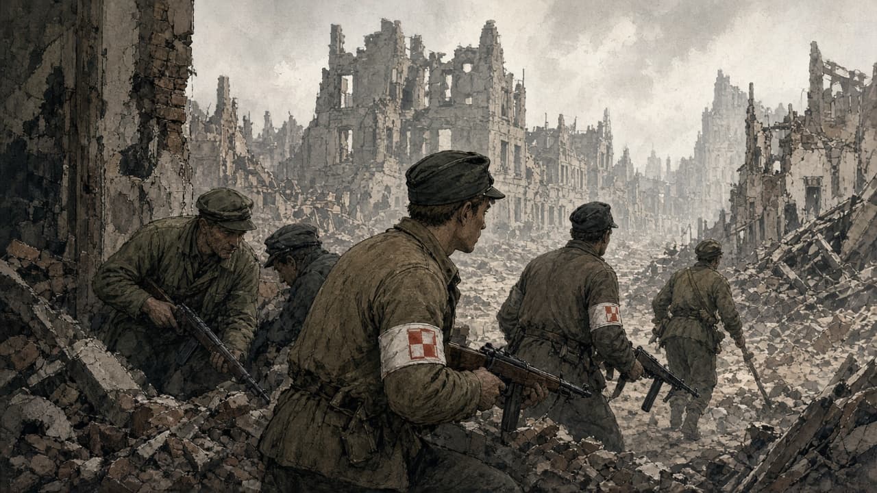 Illustrative view of Polish insurgents behind a street barricade in Warsaw in 1944