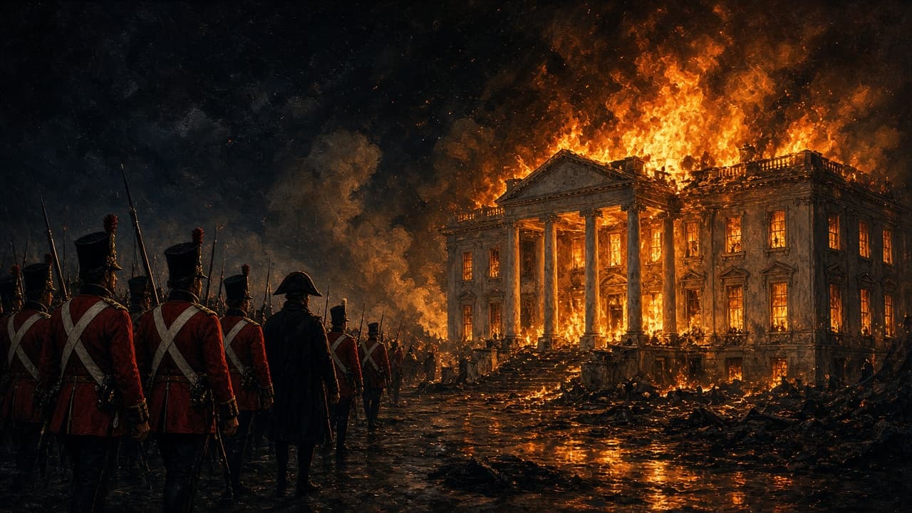 Illustrative night view of public buildings burning in Washington in 1814