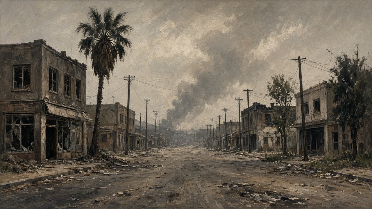 Illustrative Watts street scene with smoke on the horizon after unrest