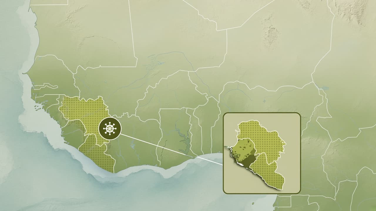 Educational map of Guinea, Liberia and Sierra Leone showing the forest border region where the 2014 outbreak began and spread to capital cities
