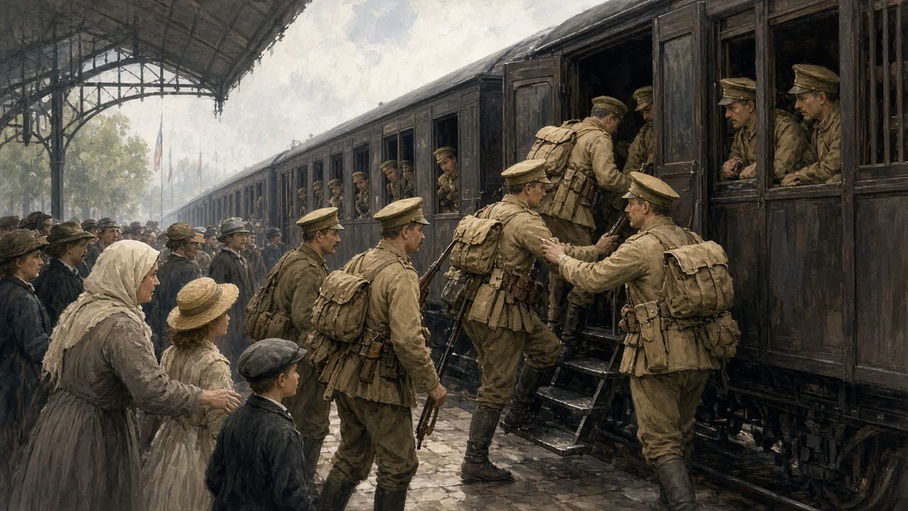 Illustrative scene of a 1914 telegraph office and mobilization notice as Austria-Hungary declares war on Serbia