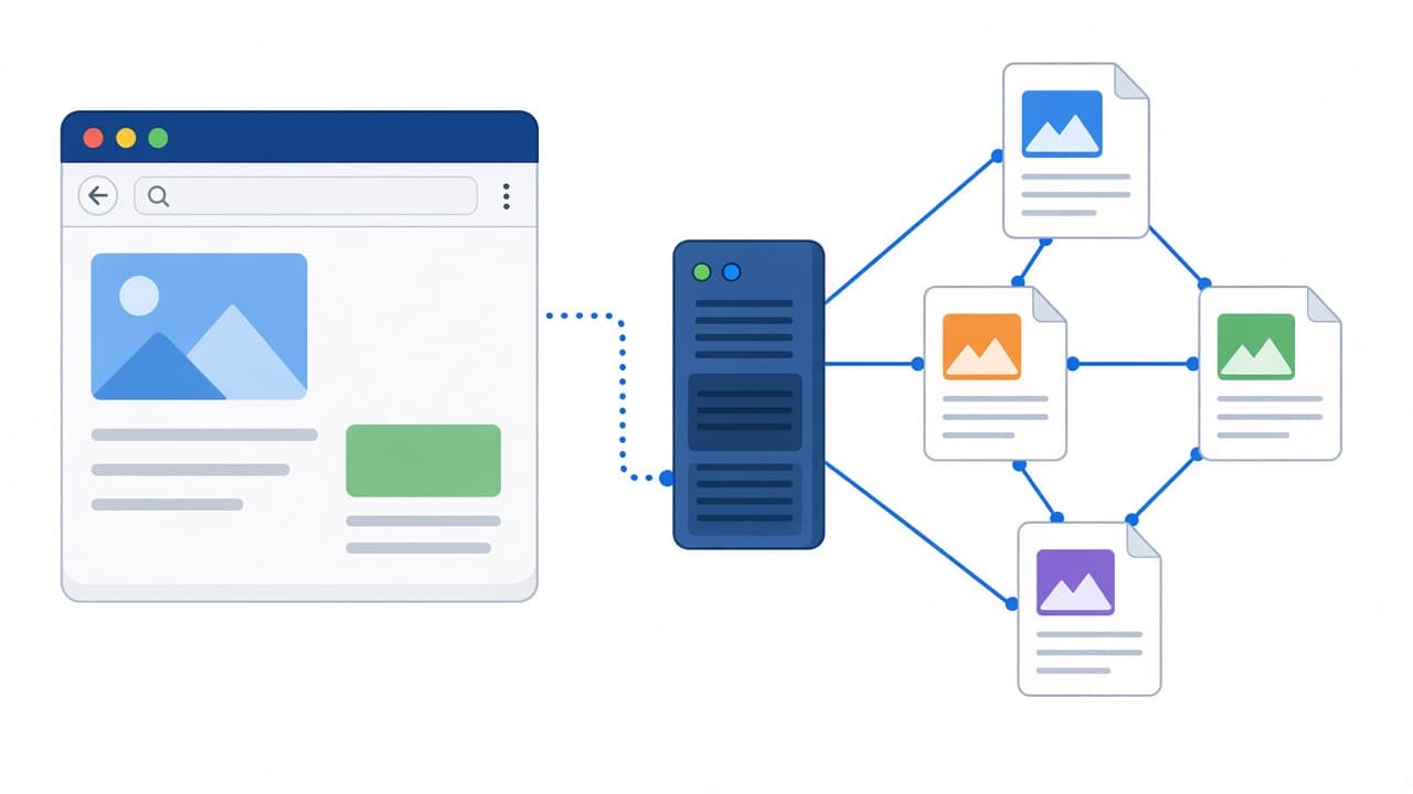 Educational diagram showing how a browser requests a page by URL over HTTP and a server returns an HTML document