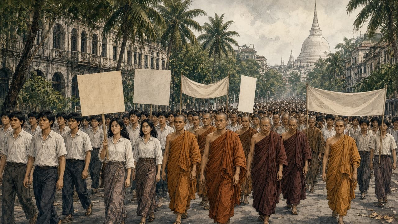 Illustrative view of students and monks demonstrating in Yangon during the 1988 uprising