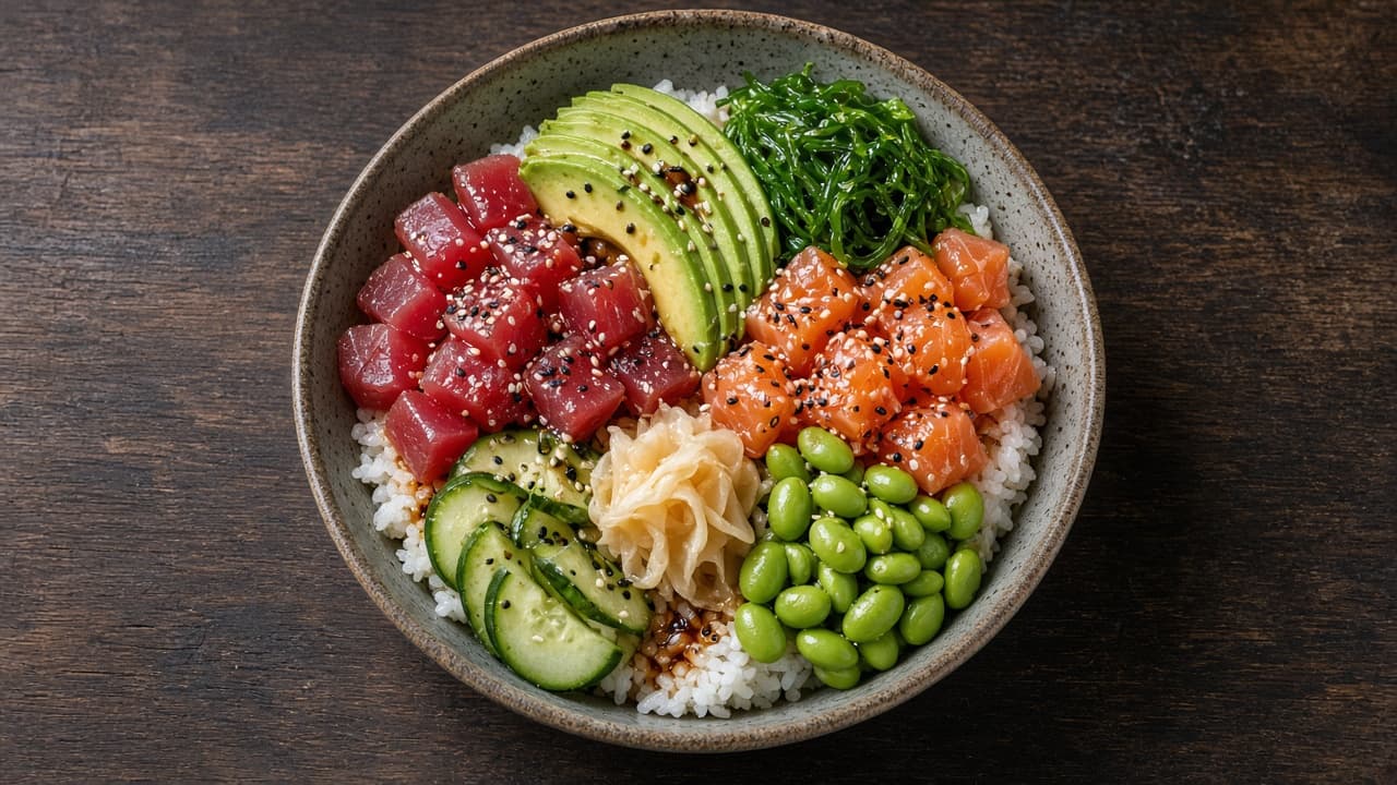 Overhead view of a colorful poke bowl with tuna, salmon, avocado, edamame and cucumber on rice