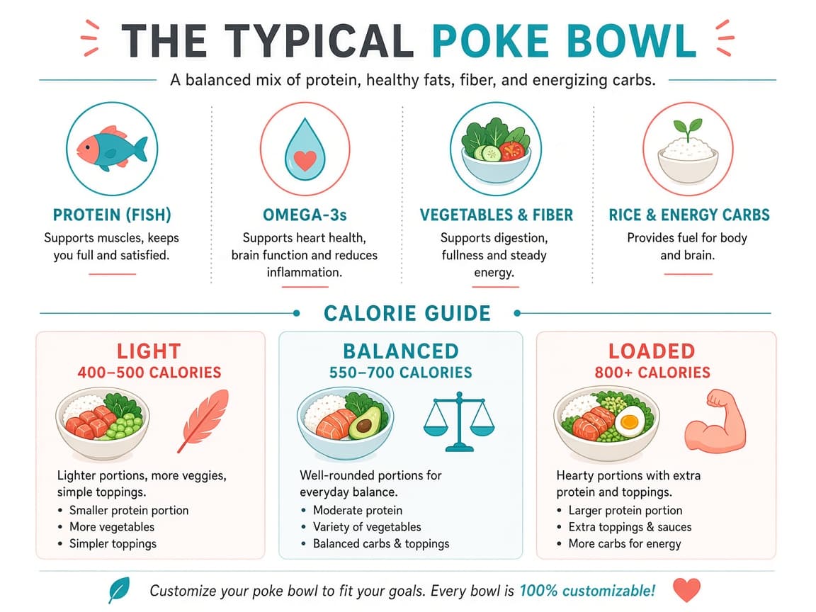 Educational chart of poke bowl nutrition benefits and calorie bands