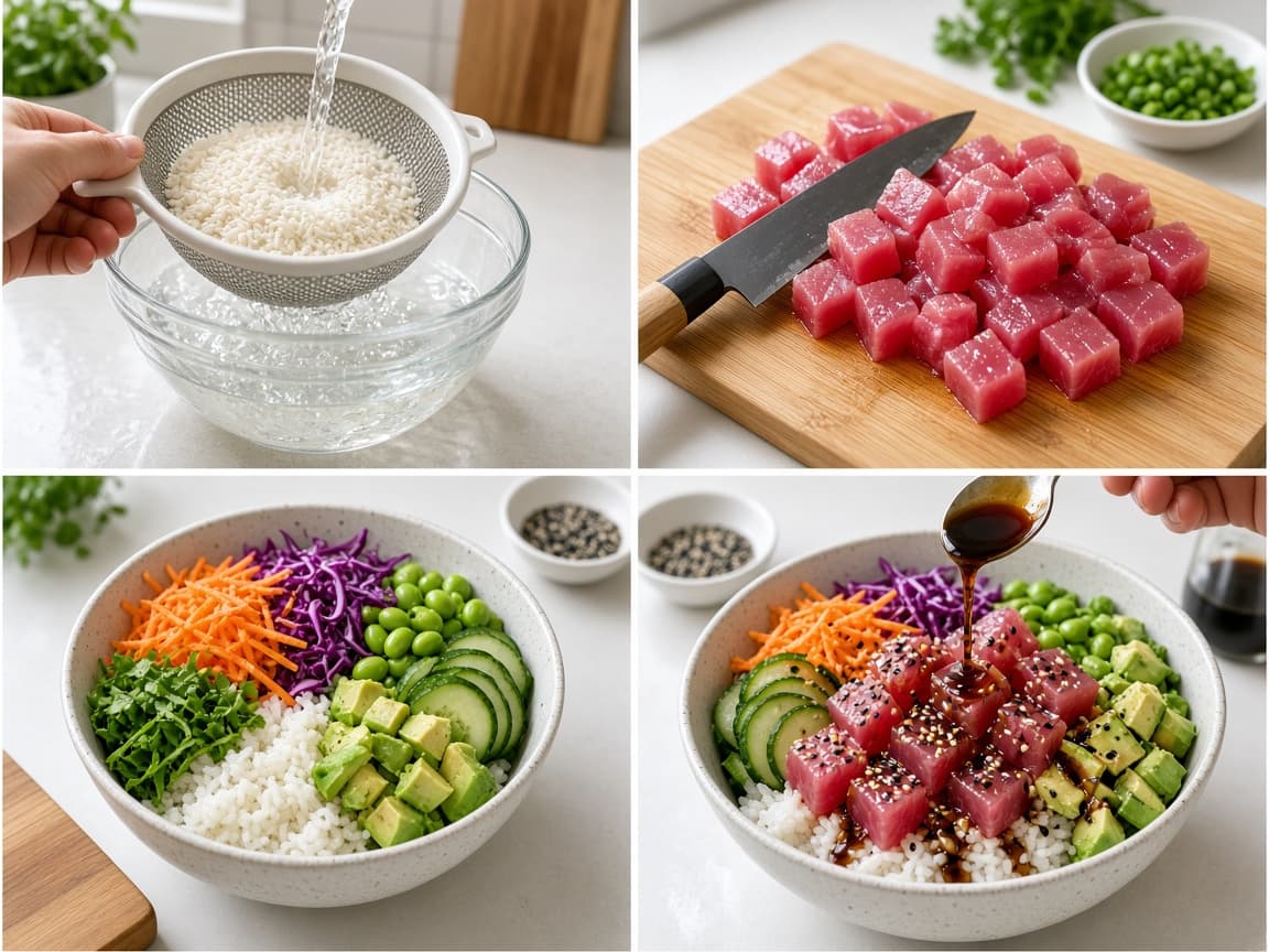 Four kitchen steps showing rice, cubed fish, vegetables and a finished poke bowl