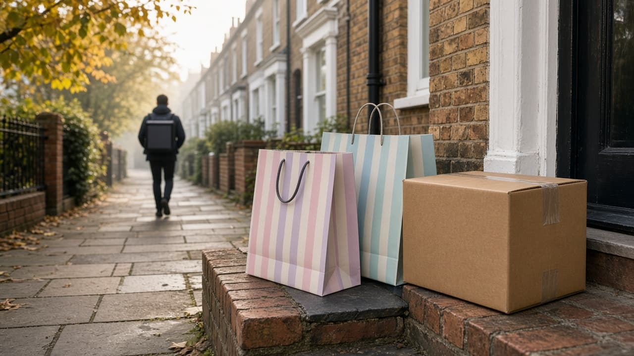 UK doorstep delivery parcel and shopping bags outside a terraced house