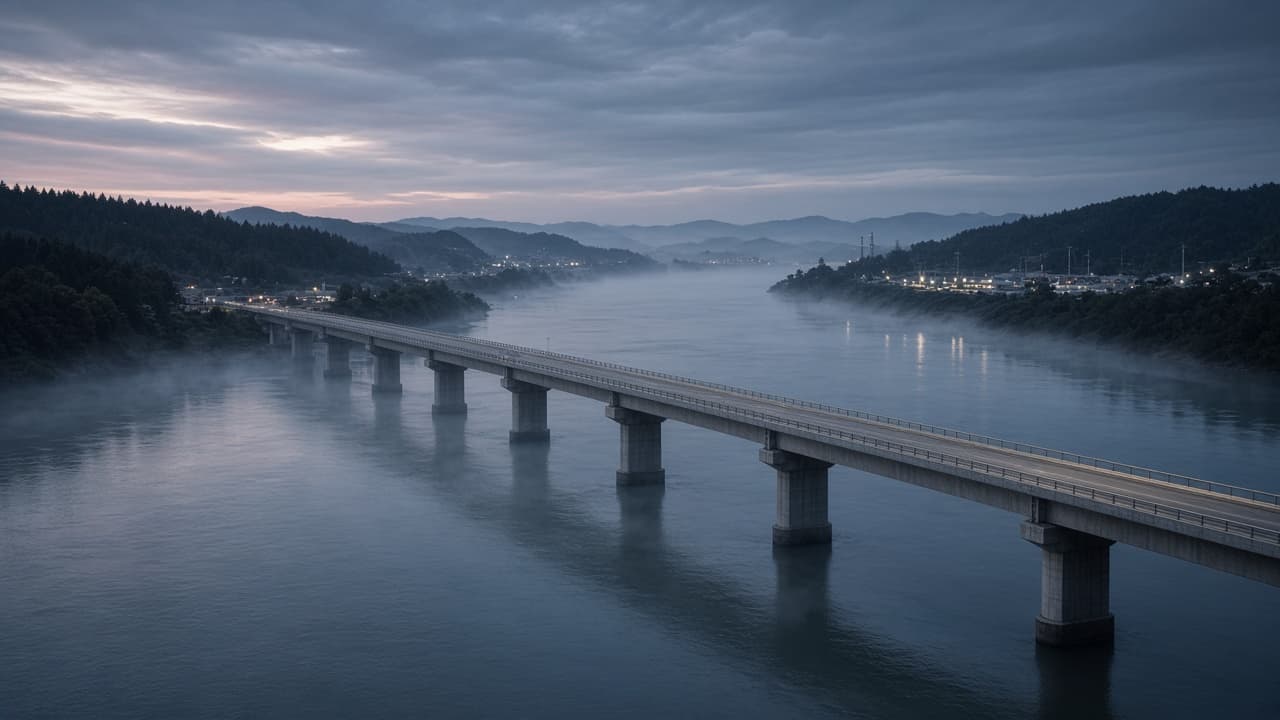 Illustrative view of a modern two-lane road bridge over a misty Far East river at dusk