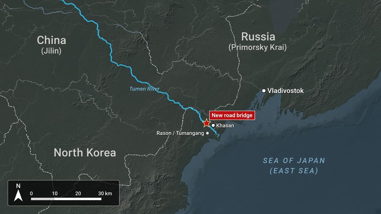Geographic map of the Tumen River tri-border with North Korea, Russia and China and the new road bridge marked