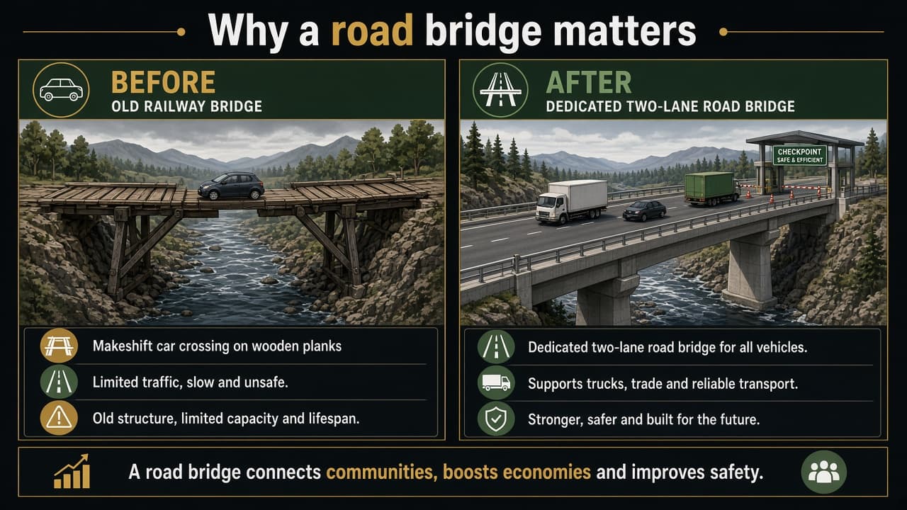 Diagram comparing the old makeshift rail-plank car crossing with the new dedicated two-lane road bridge