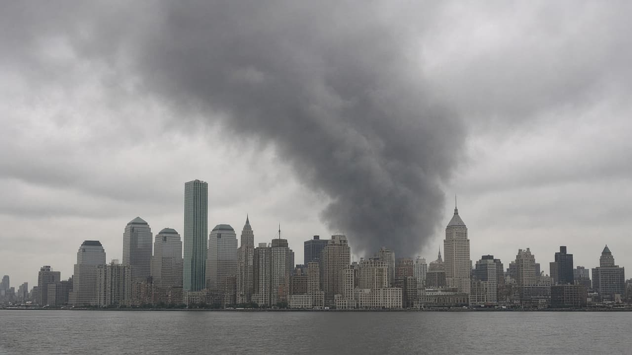Distant view of smoke over the Lower Manhattan skyline on September 11