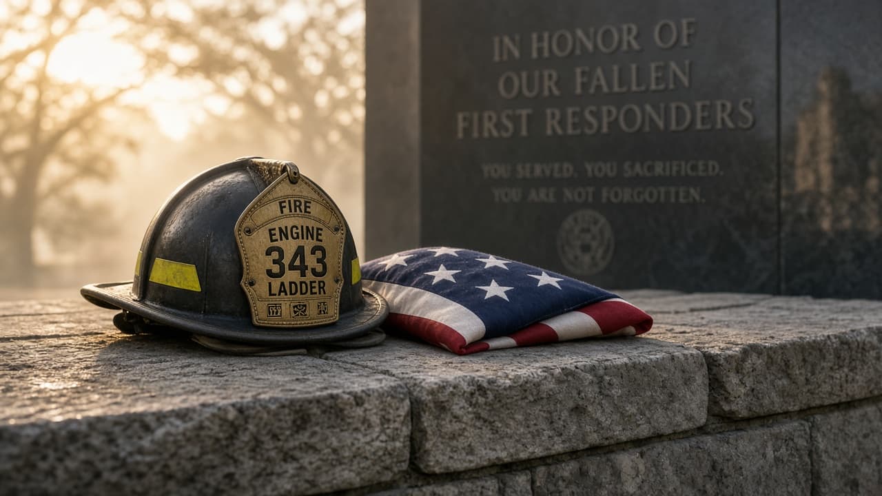 Commemorative still life with a firefighter helmet and American flag
