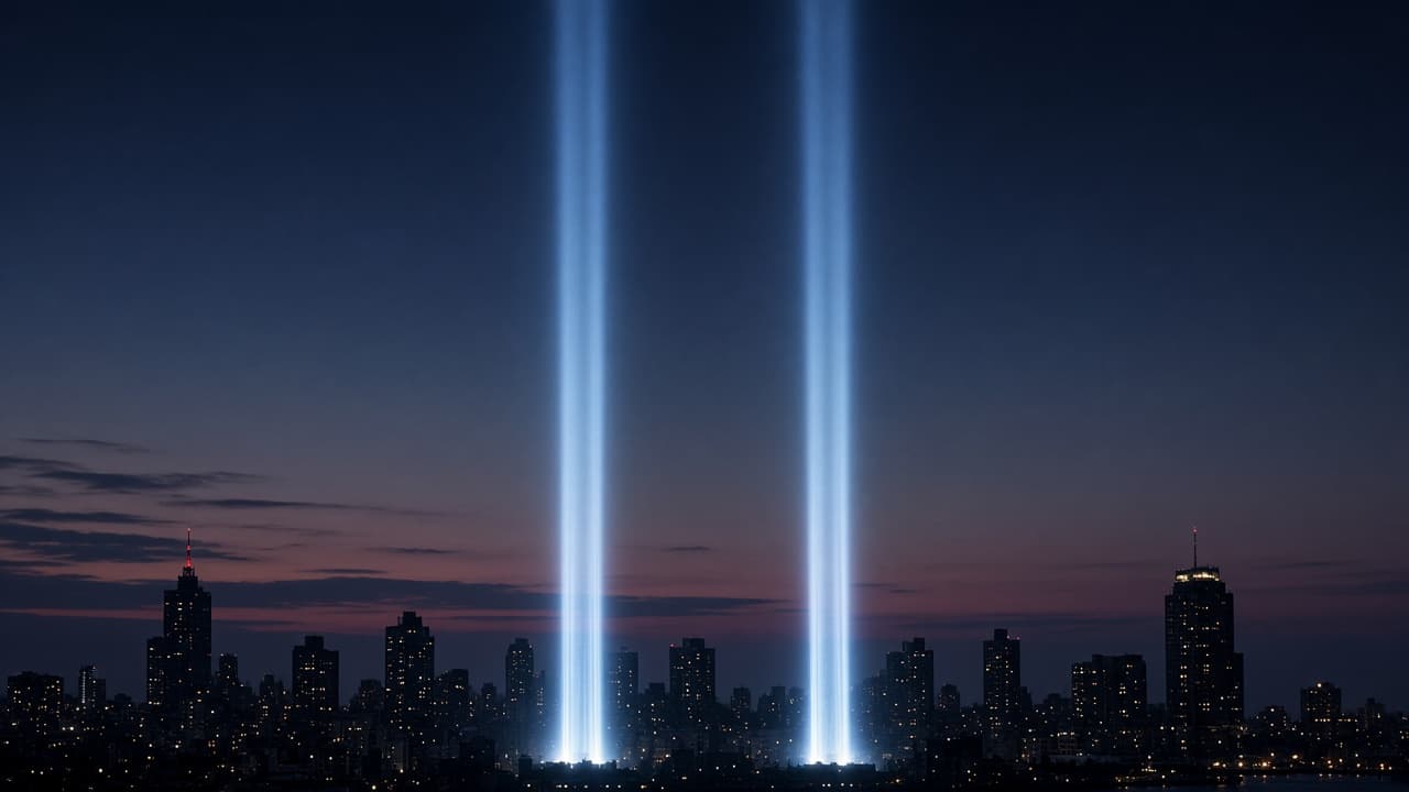 Tribute in Light memorial beams over Lower Manhattan at dusk