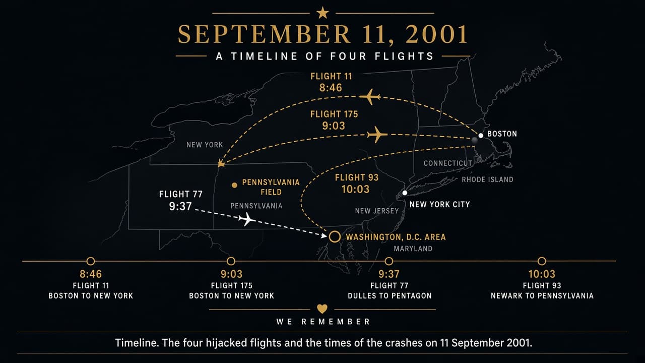 Clear map graphic of the four September 11 flight paths and crash times