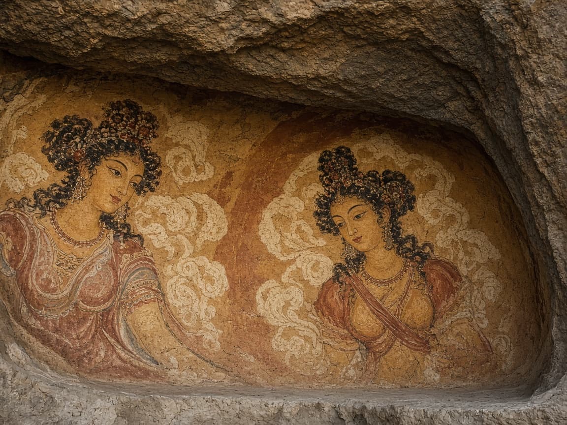 Illustrative view of Sigiriya fresco maidens painted under a rock overhang